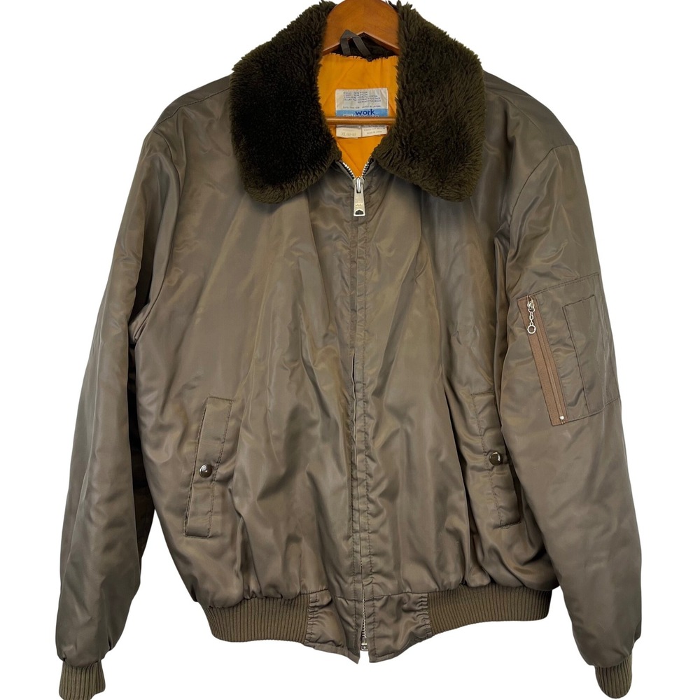 Vintage Sears‎ Work Leisure Bomber Jacket Brown Faux Fur Collar XL Made in Japan